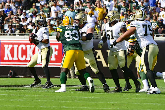 New Orleans Saints quarterback Jameis Winston (2) throws from the pocket against the Green Bay Packers. Mandatory Credit: Tommy Gilligan-USA TODAY Sports